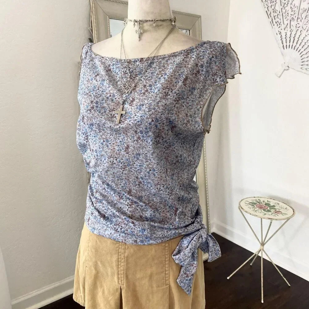 Early 2000's Boho Blue Brown Floral Flower Cap Sleeve Mesh Top S / M - Picture 2 of 5